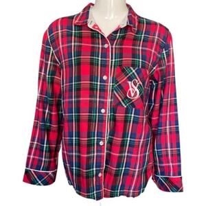 Victoria's Secret Red Plaid Long Sleeve Button Down Christmas Pajama Top Size L